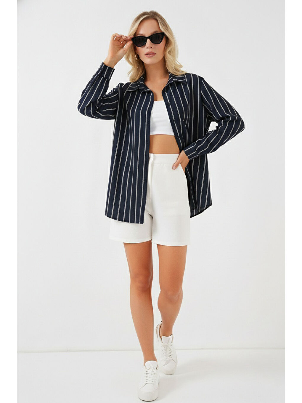 Kadın Çizgili Oversize Gömlek 20293 - Lacivert-1
