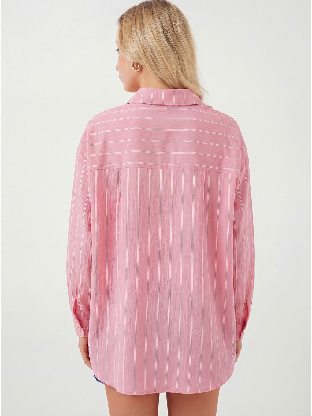 Kadın Çizgili Oversize Gömlek 20293 - Pembe-2