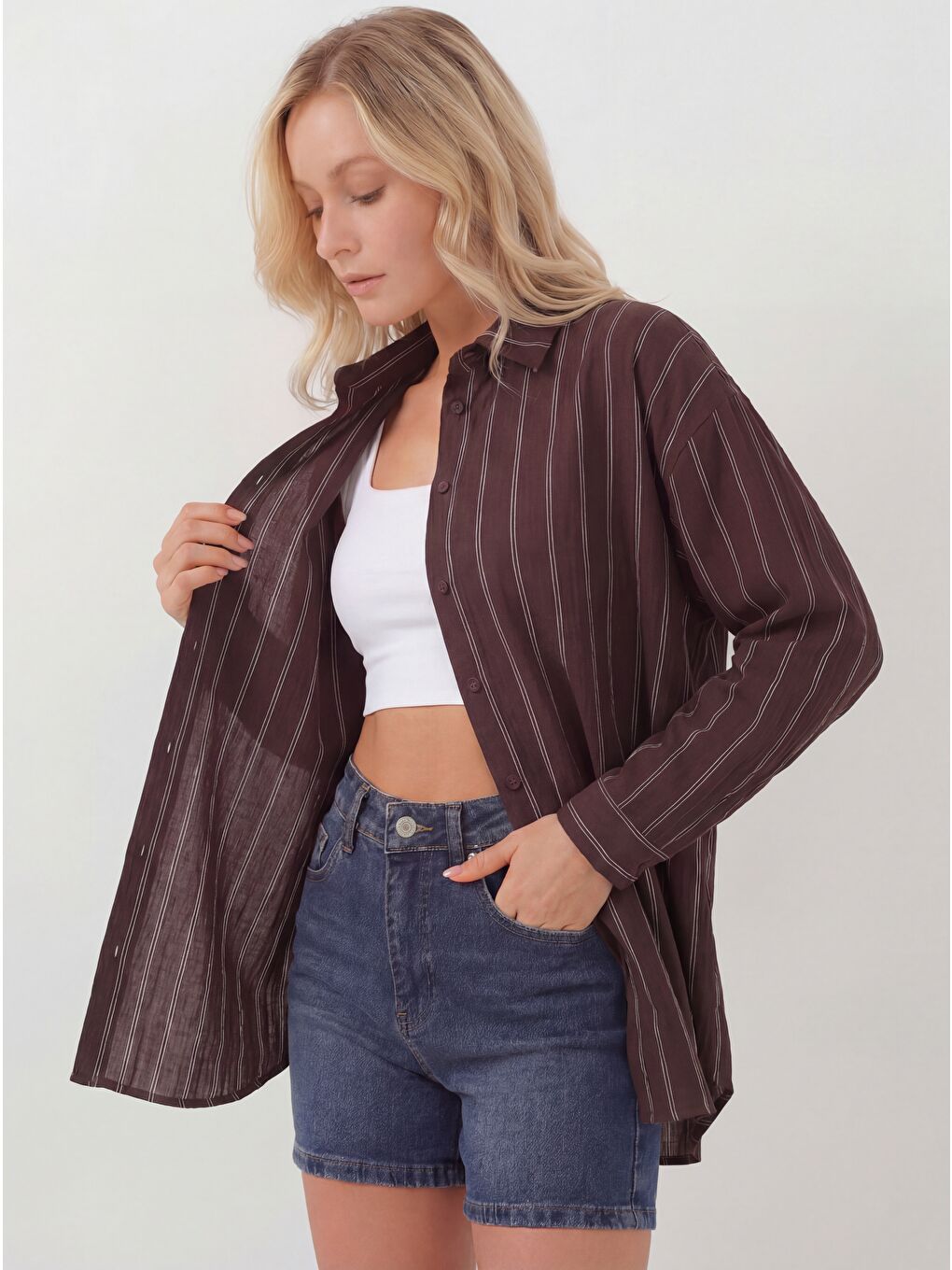 Kadın Çizgili Oversize Gömlek 20293 - Kahverengi-1