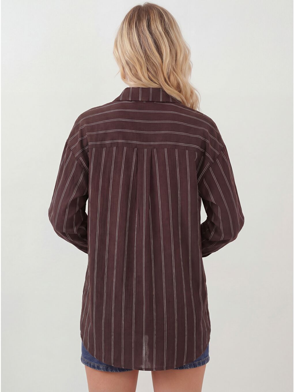 Kadın Çizgili Oversize Gömlek 20293 - Kahverengi-2