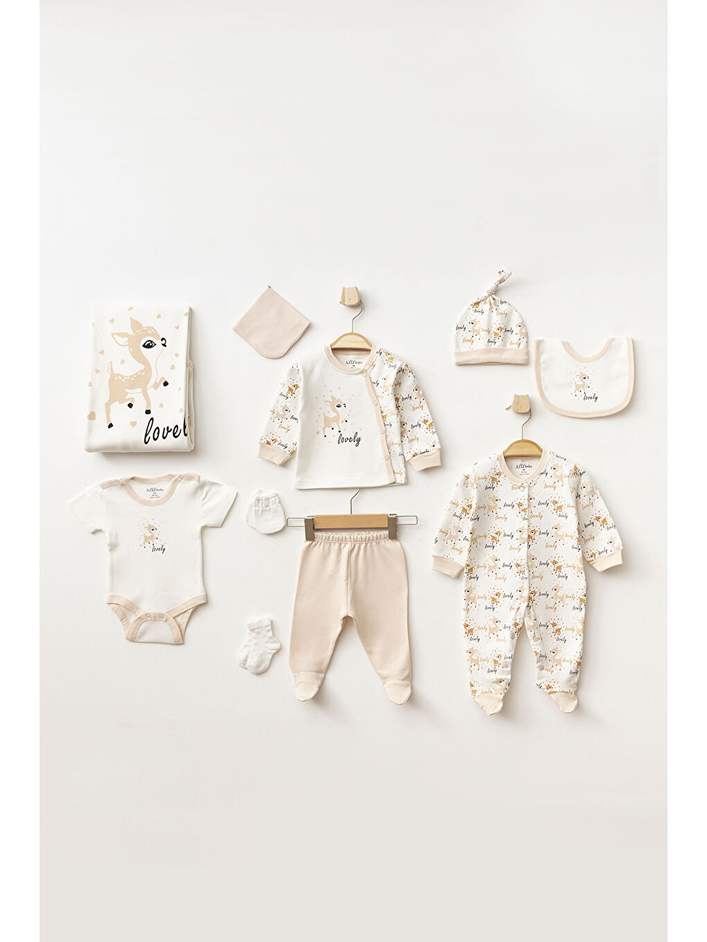 Bej Kız Bebek Animal Desenli % 100 Pamuk 10' Lu Hastane Çıkış Seti 0 Ay - 3 Ay