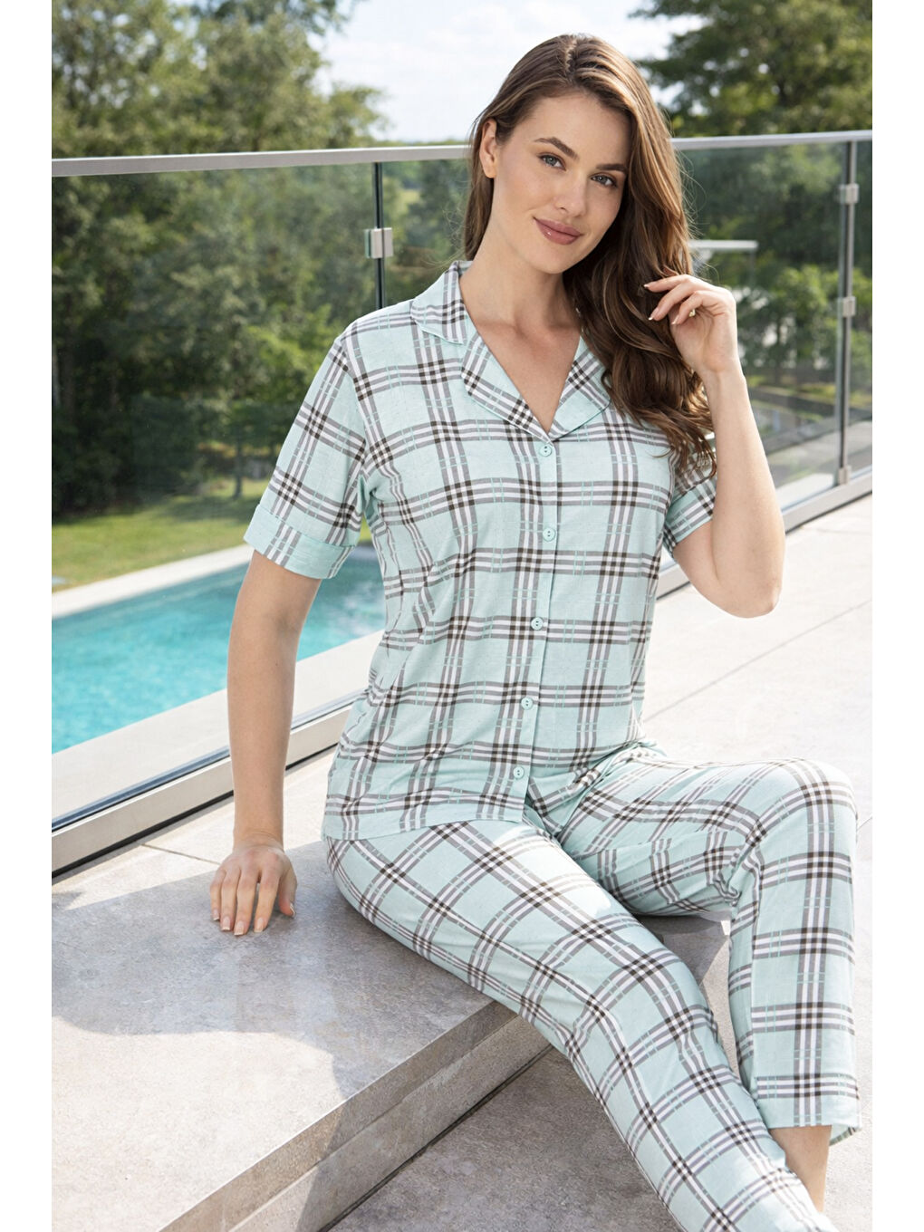 Yeşil Kadın Ekose Desen Kısa Kol Suprem Pijama Takımı 0215 Mint-3