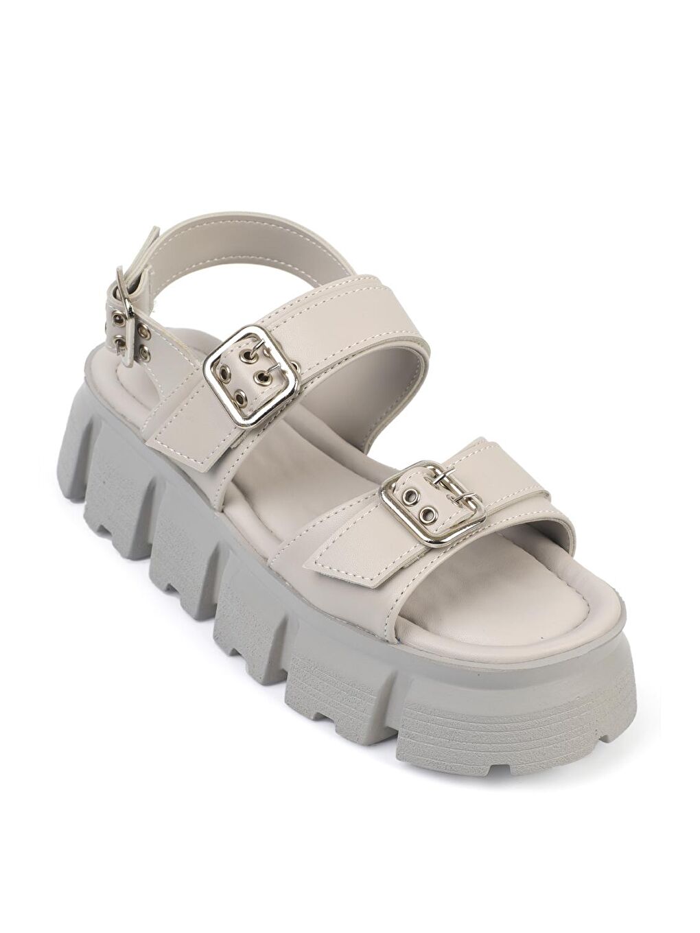 Gri Dolgu Topuklu Çift Bantlı Tokalı Kadın Sandalet