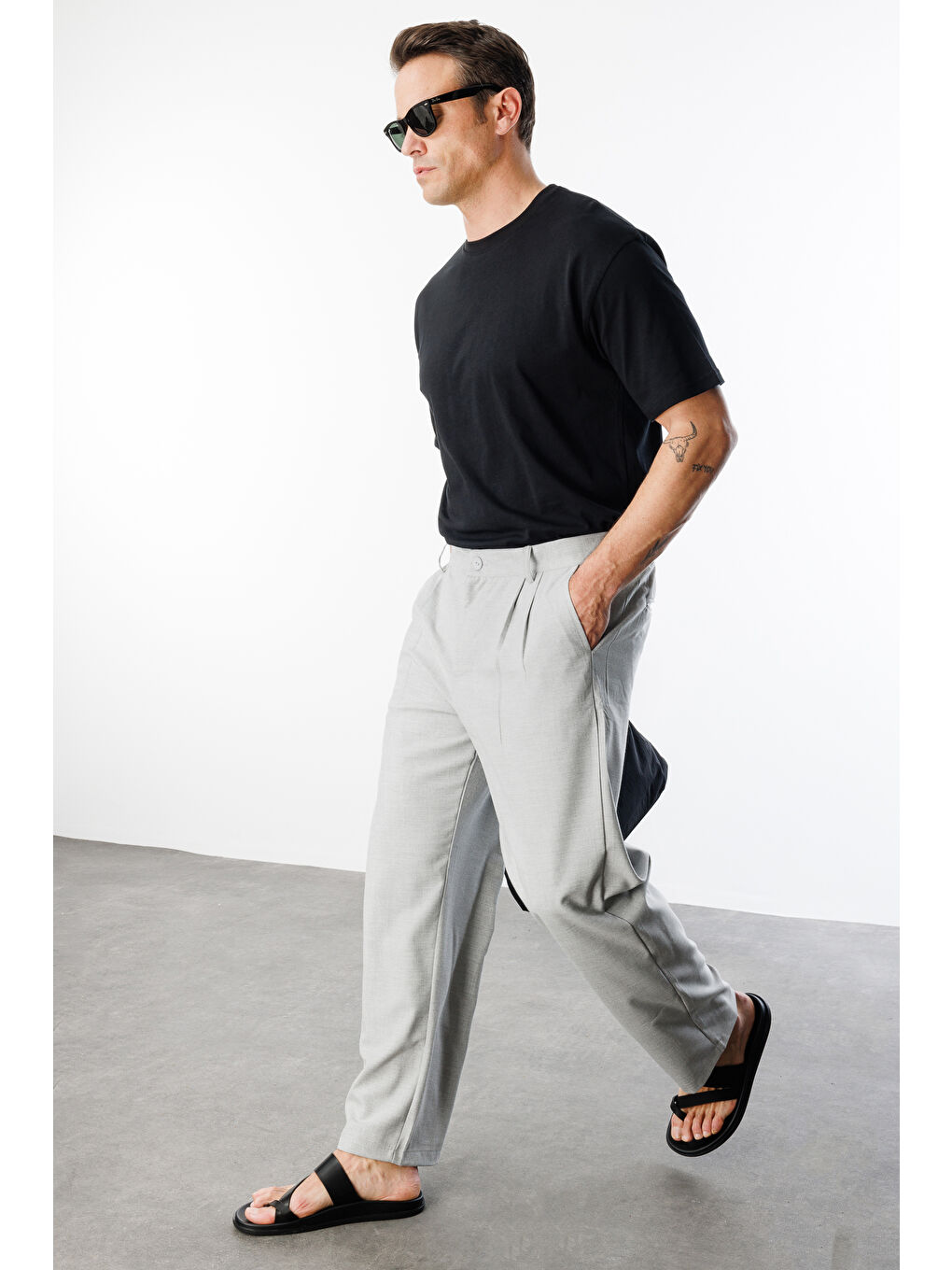 Gri Baggy Fit Kumaş Erkek Pantolon -KUMAŞ-Erkek Pantolon-1