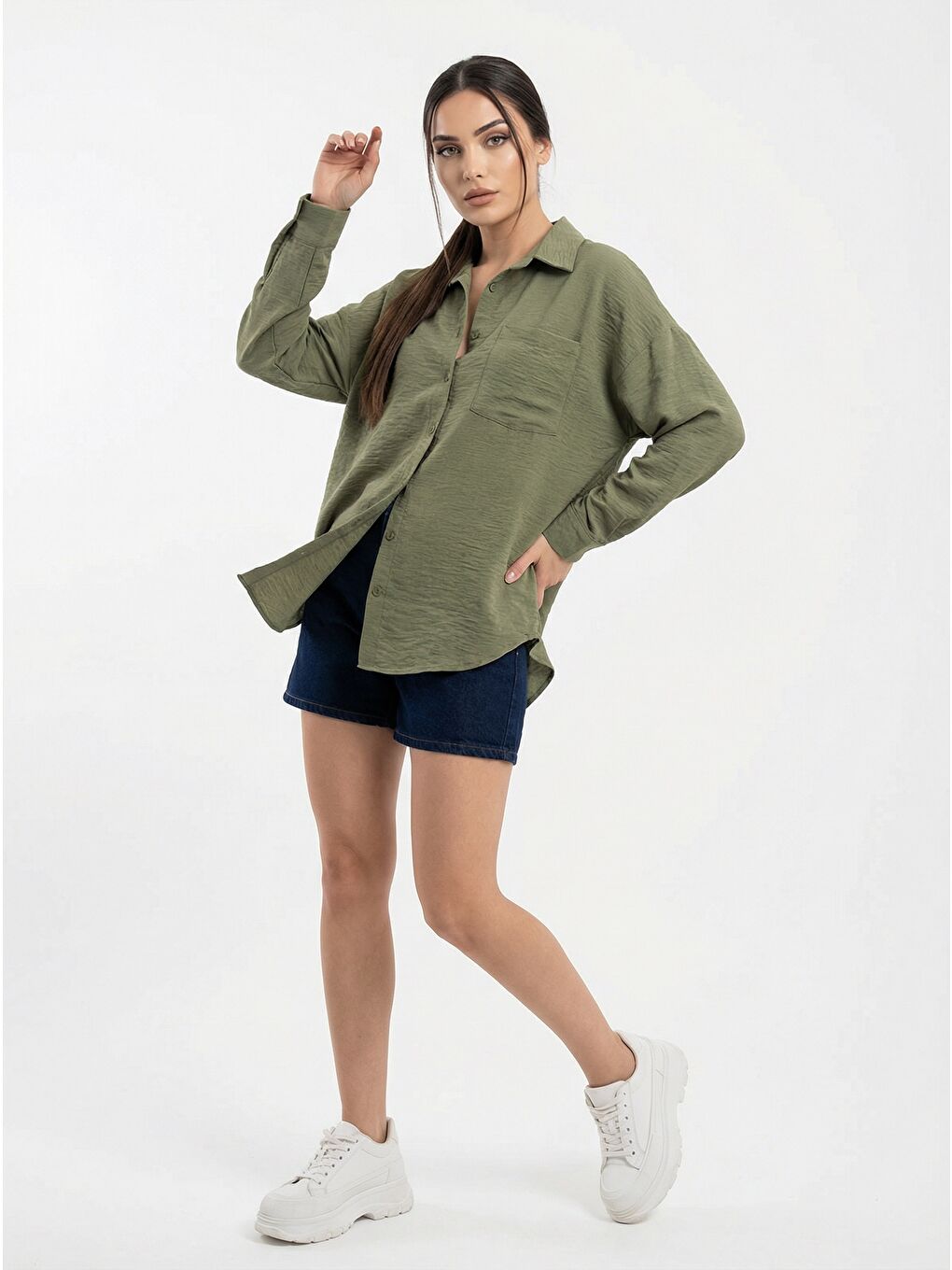 20153 Tek Cepli Oversize Keten Gömlek - A.Haki-1