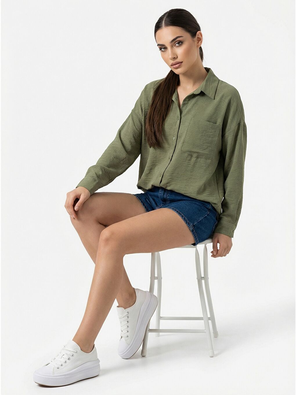 20153 Tek Cepli Oversize Keten Gömlek - A.Haki-2