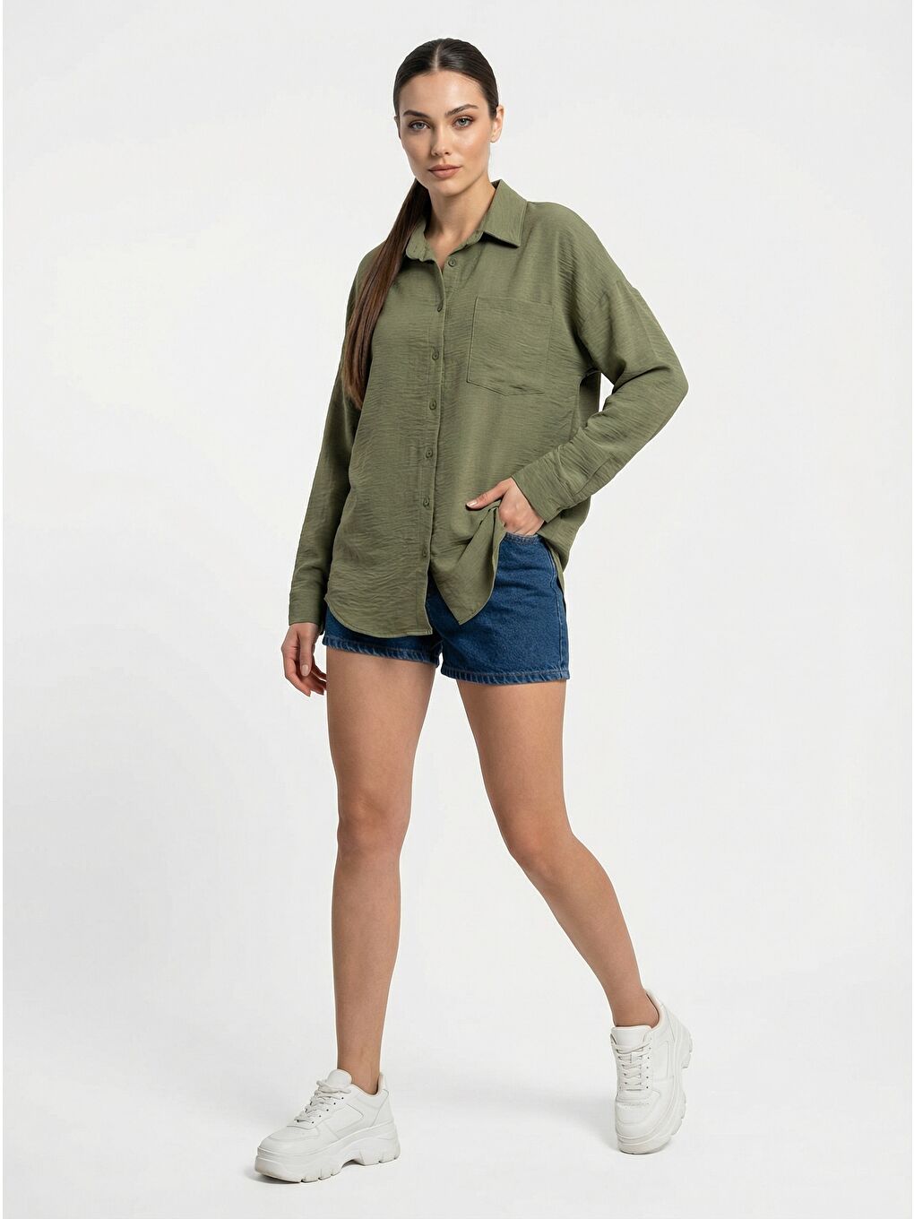 20153 Tek Cepli Oversize Keten Gömlek - A.Haki-3