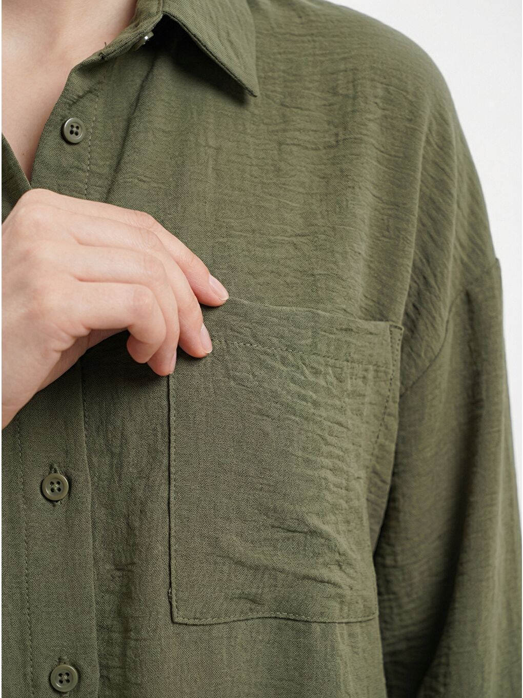 20153 Tek Cepli Oversize Keten Gömlek - A.Haki-4