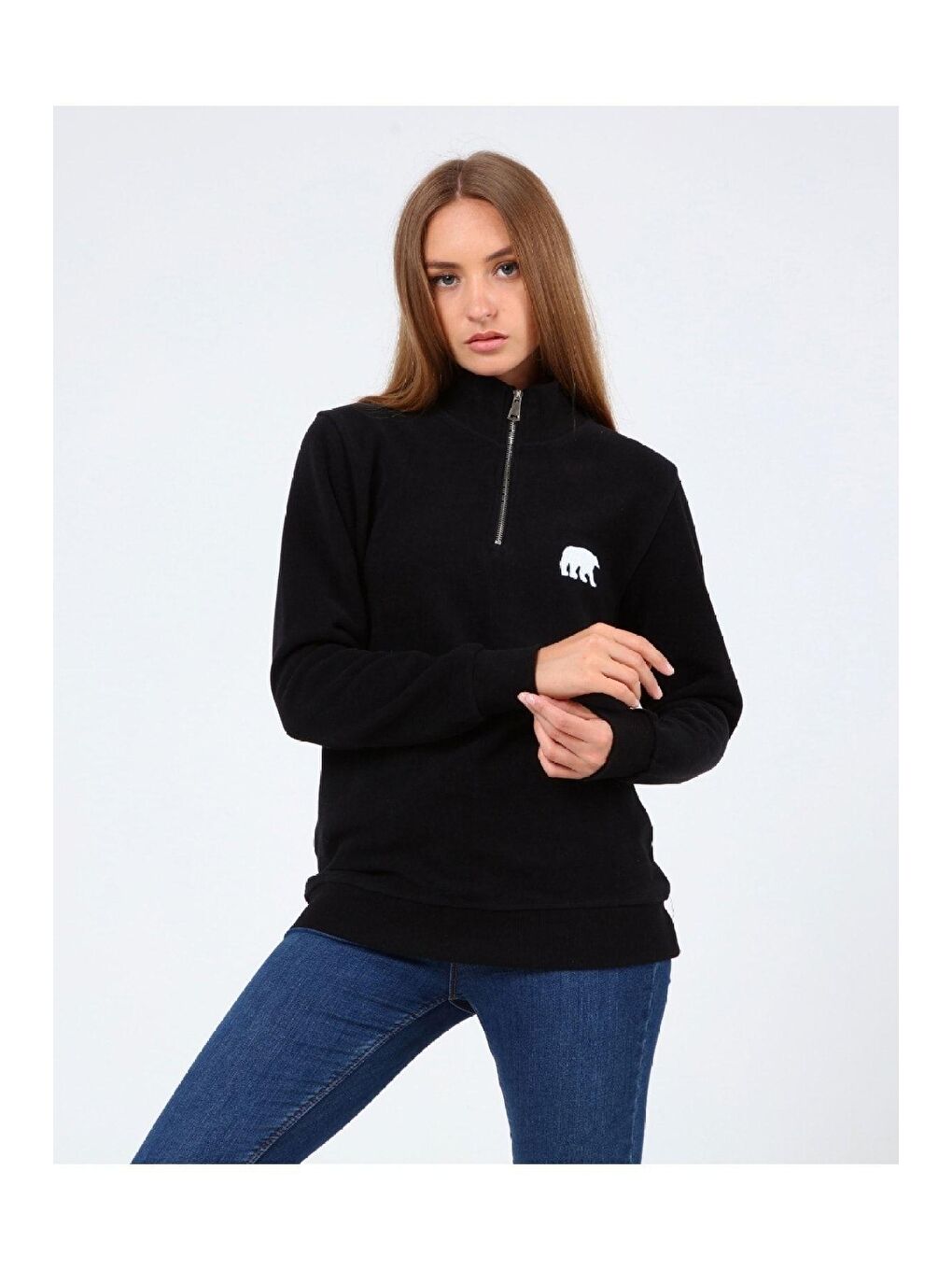 GENIUS STORE Siyah Store Kadın Selanik Outdoor Yarım Fermuarlı Sweatshirt Nakış Işlemeli  AYI-YARIM - 1