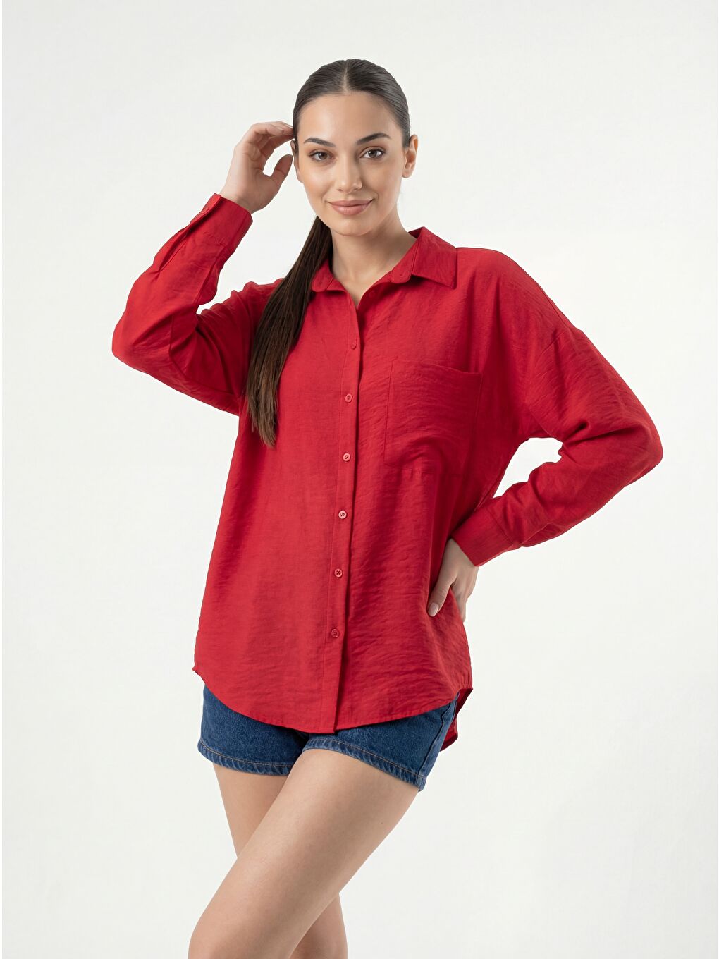 Kırmızı 20153 Tek Cepli Oversize Keten Gömlek - Nar