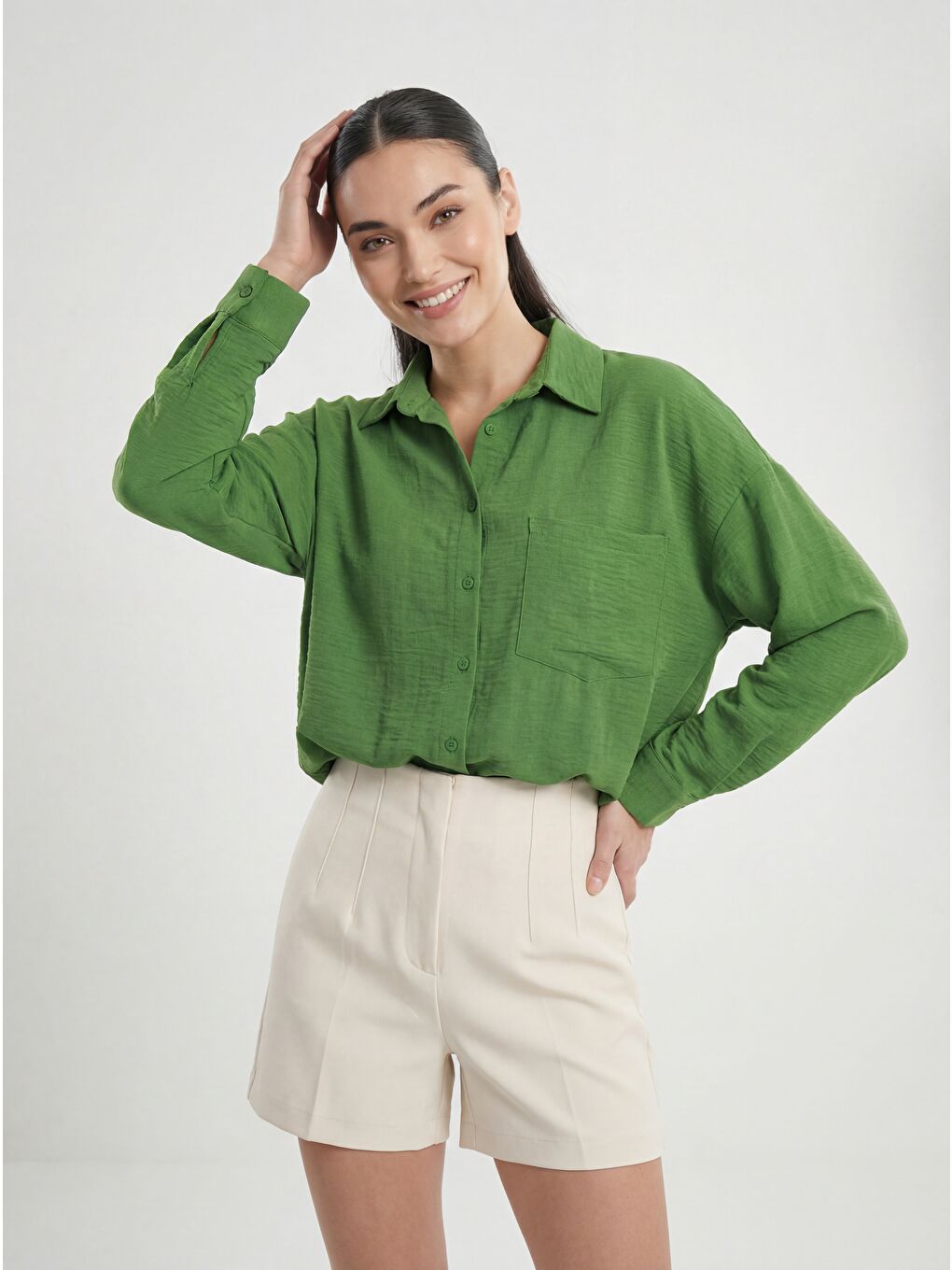 Bej 20153 Tek Cepli Oversize Keten Gömlek - G.Yeşil