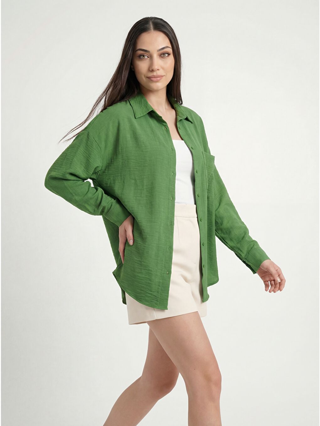 Bej 20153 Tek Cepli Oversize Keten Gömlek - G.Yeşil-2