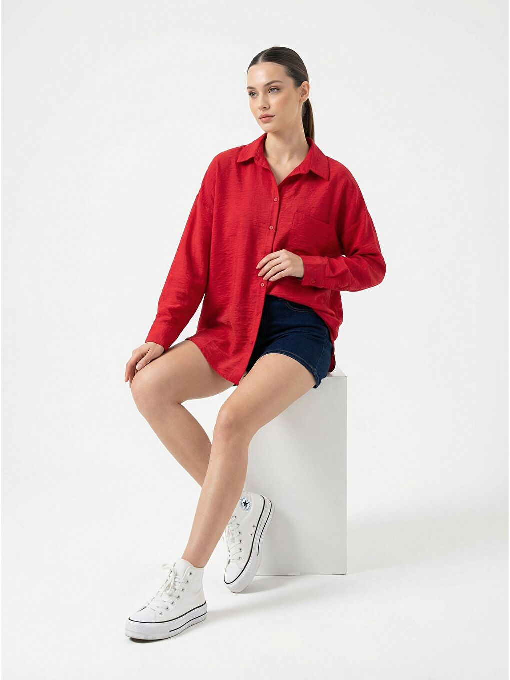 Kırmızı 20153 Tek Cepli Oversize Keten Gömlek - Nar-2