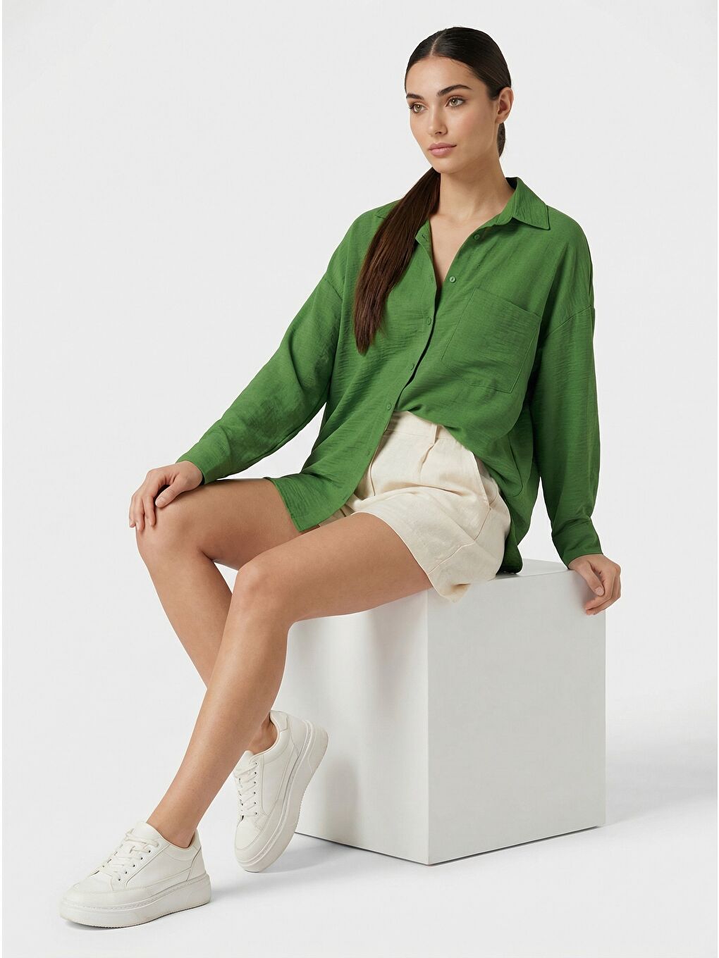 Bej 20153 Tek Cepli Oversize Keten Gömlek - G.Yeşil-3