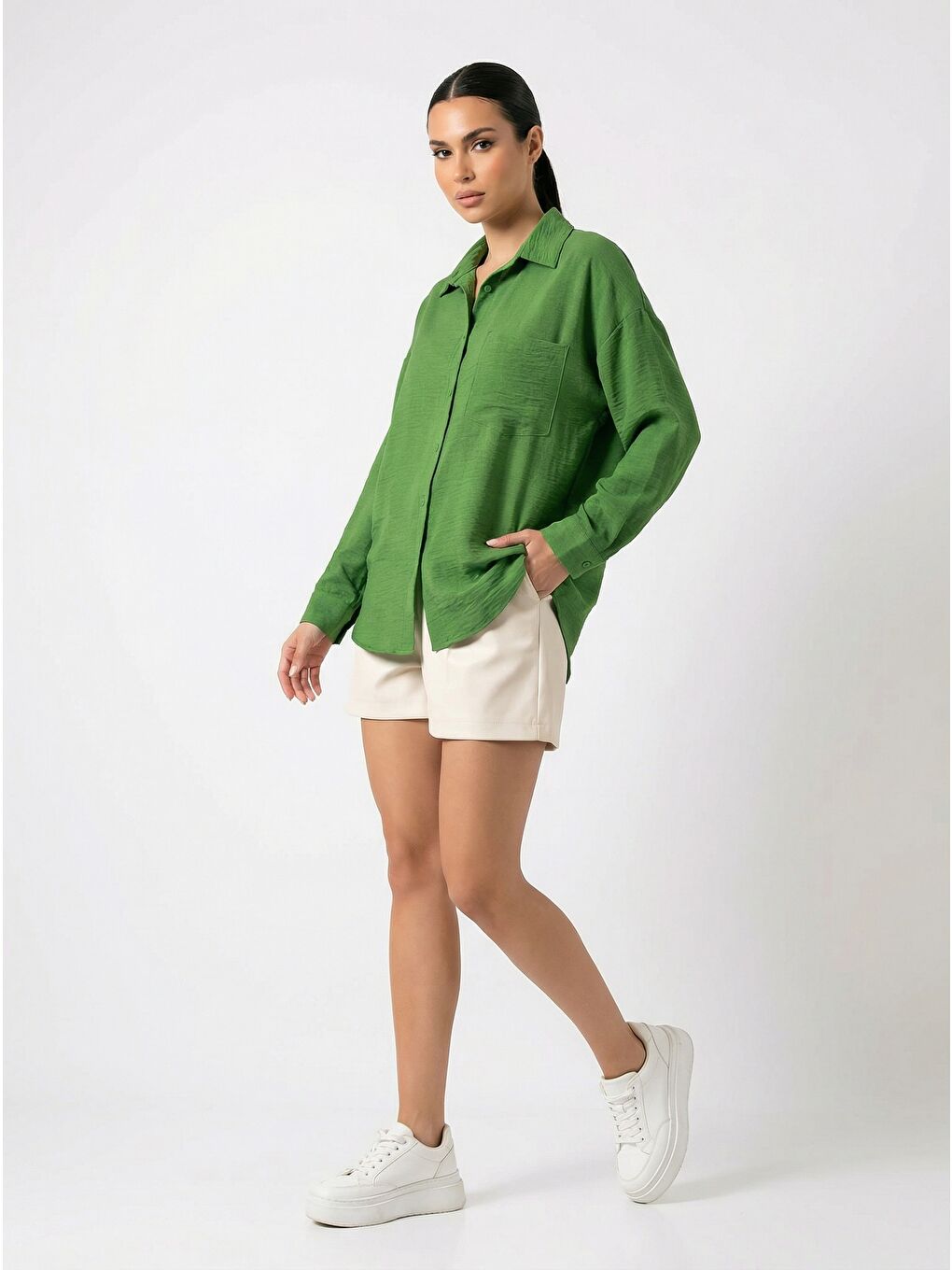 Bej 20153 Tek Cepli Oversize Keten Gömlek - G.Yeşil-4