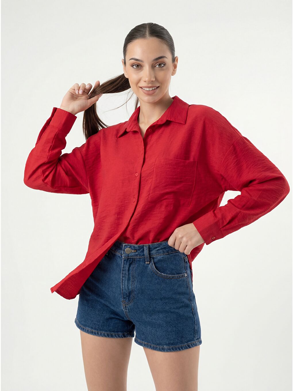 Kırmızı 20153 Tek Cepli Oversize Keten Gömlek - Nar-4