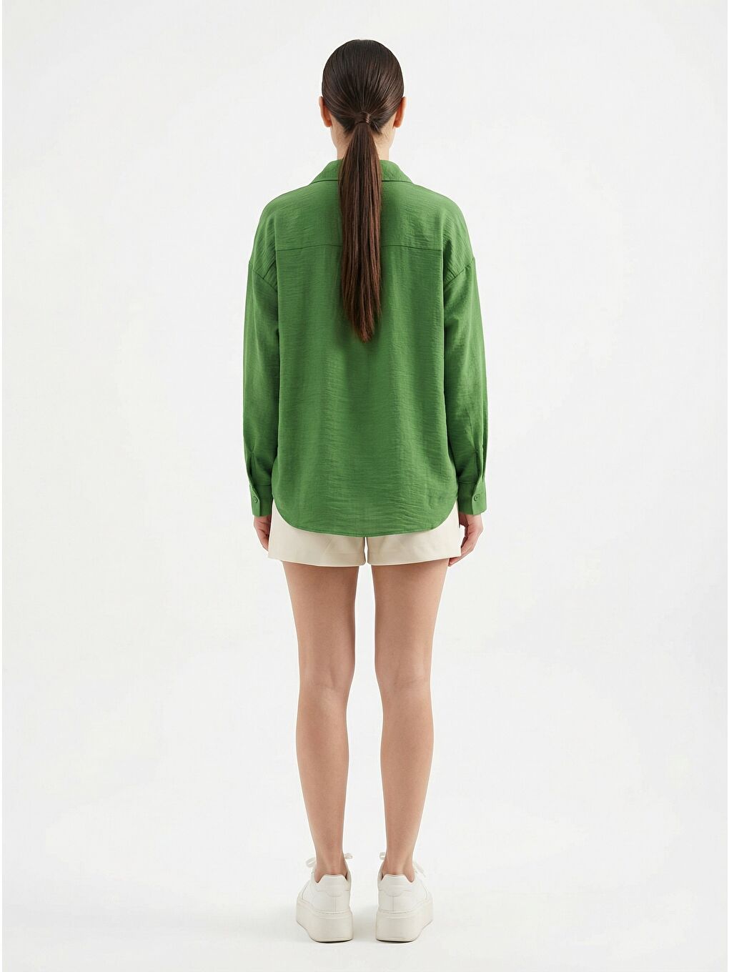 Bej 20153 Tek Cepli Oversize Keten Gömlek - G.Yeşil-5