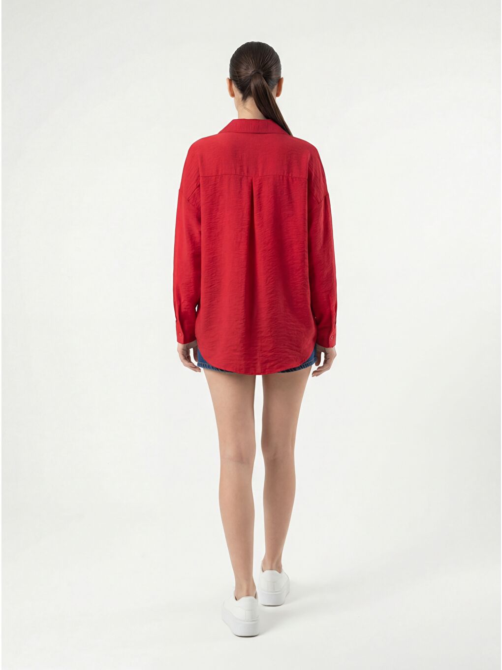 Kırmızı 20153 Tek Cepli Oversize Keten Gömlek - Nar-5