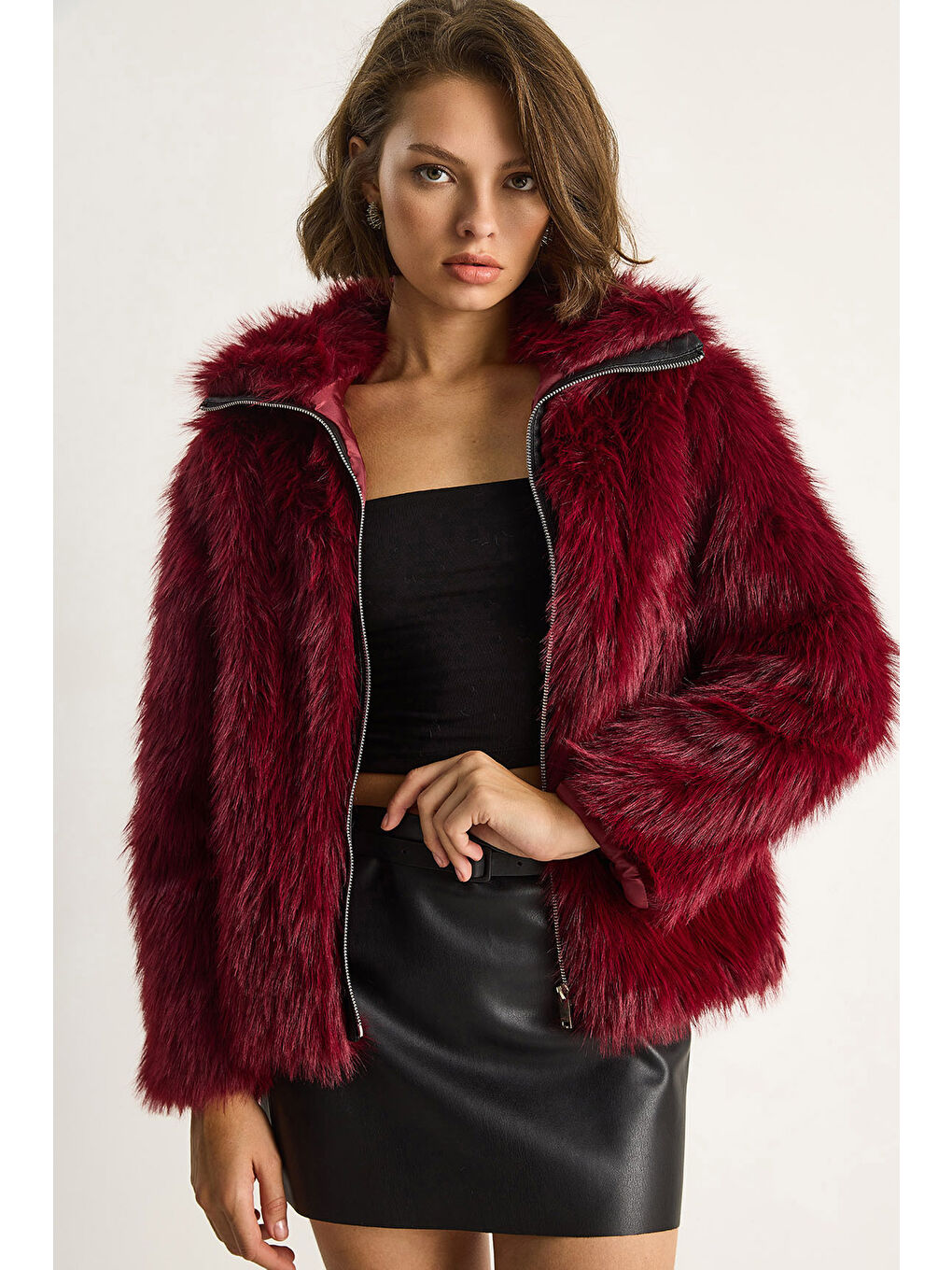 Bordo Kadın Fermuarı Deri Detaylı Astarlı Kürk Mont
