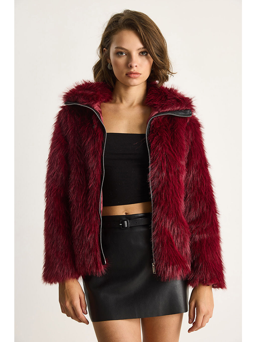 Bordo Kadın Fermuarı Deri Detaylı Astarlı Kürk Mont-1