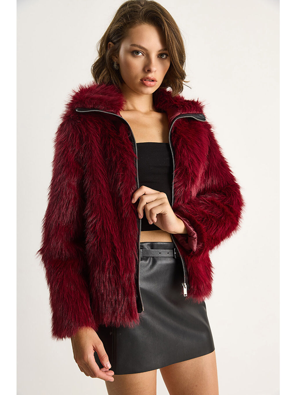 Bordo Kadın Fermuarı Deri Detaylı Astarlı Kürk Mont-2