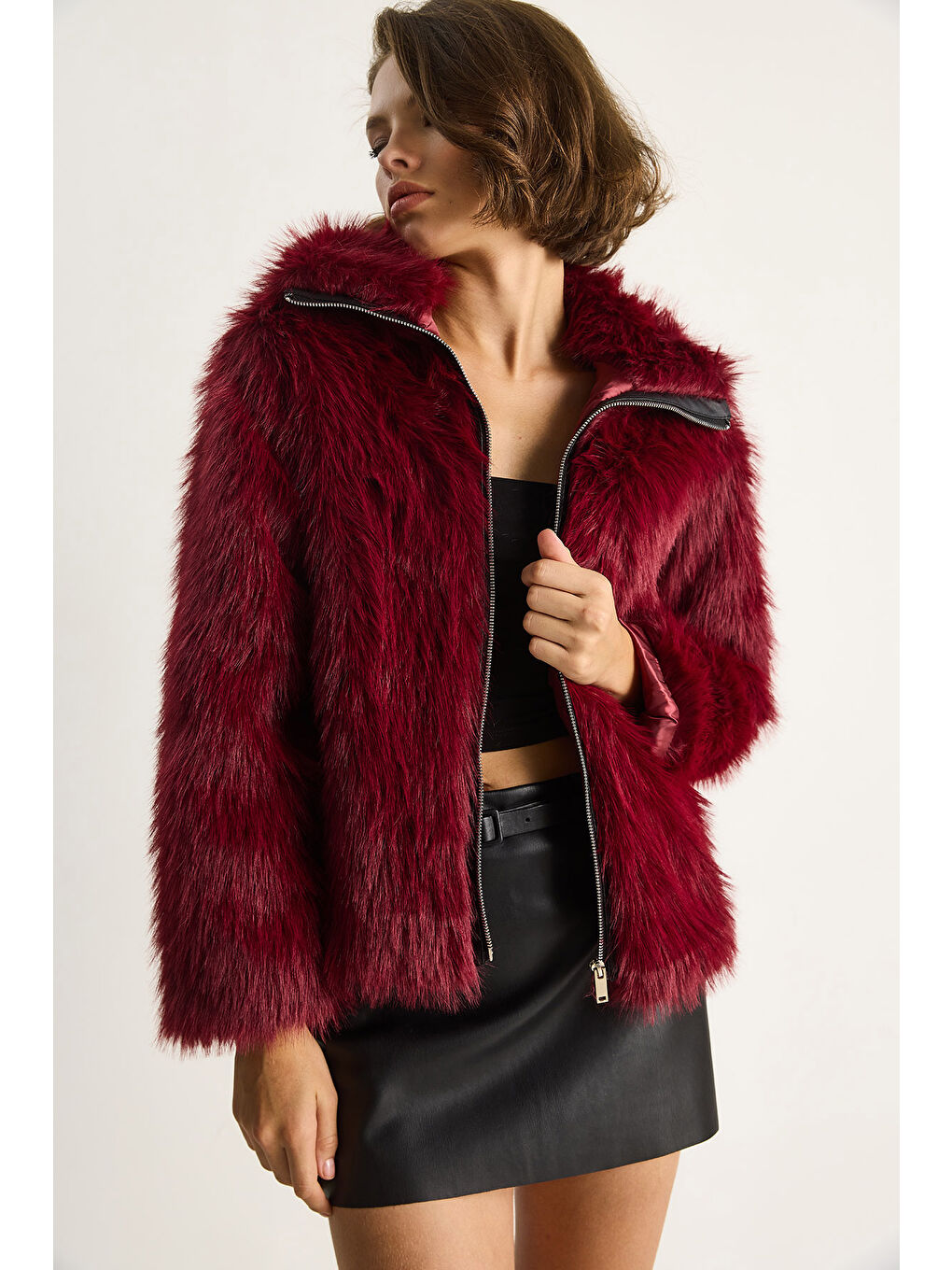 Bordo Kadın Fermuarı Deri Detaylı Astarlı Kürk Mont-3