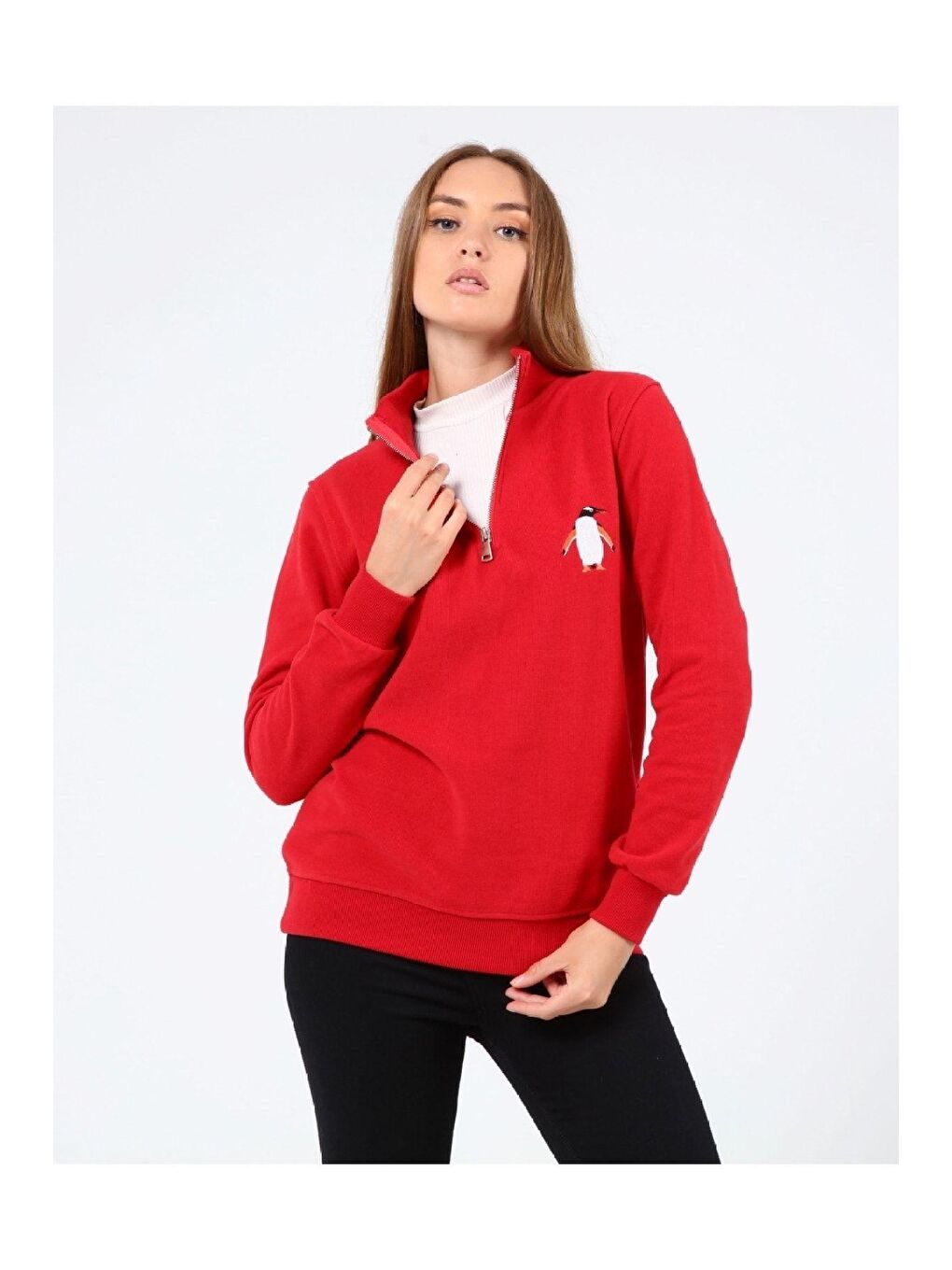 GENIUS STORE Kırmızı Store Kadın Selanik Outdoor Yarım Fermuarlı Sweatshirt Nakış Işlemeli PENGUEN-YARIM