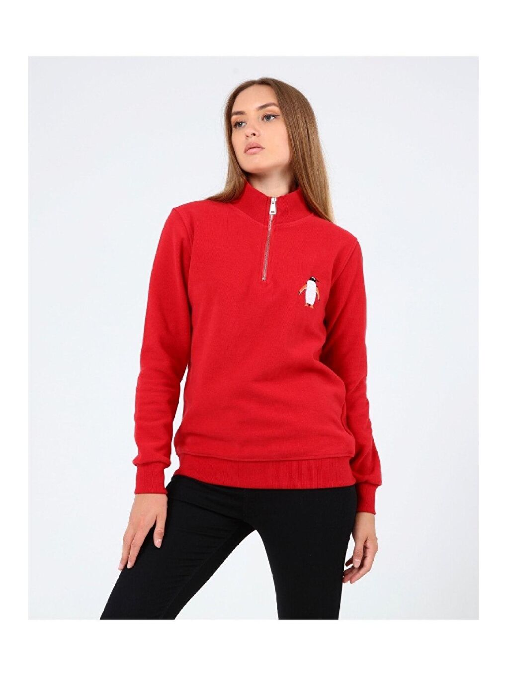 GENIUS STORE Kırmızı Store Kadın Selanik Outdoor Yarım Fermuarlı Sweatshirt Nakış Işlemeli PENGUEN-YARIM - 1