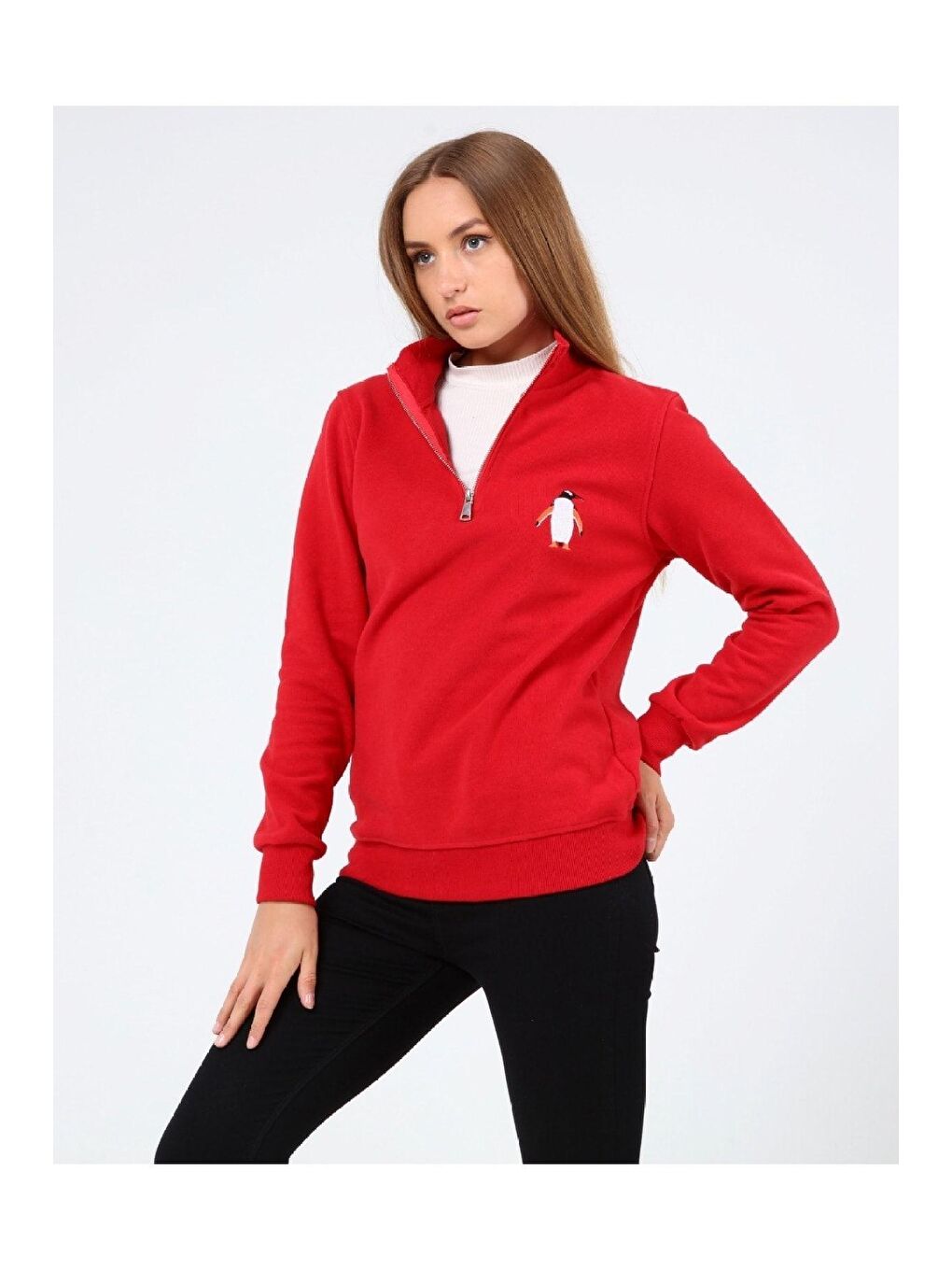 GENIUS STORE Kırmızı Store Kadın Selanik Outdoor Yarım Fermuarlı Sweatshirt Nakış Işlemeli PENGUEN-YARIM - 2