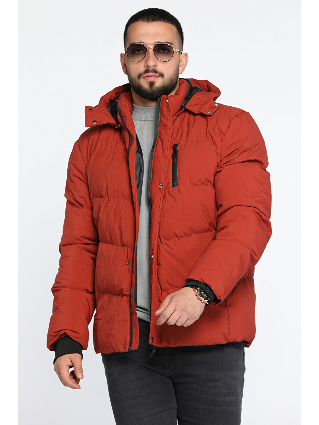 Kahverengi Kapüşonlu Astarlı Erkek Şişme Mont