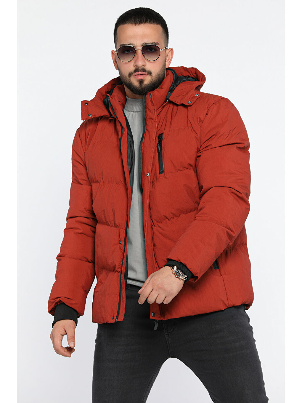 Kahverengi Kapüşonlu Astarlı Erkek Şişme Mont-1