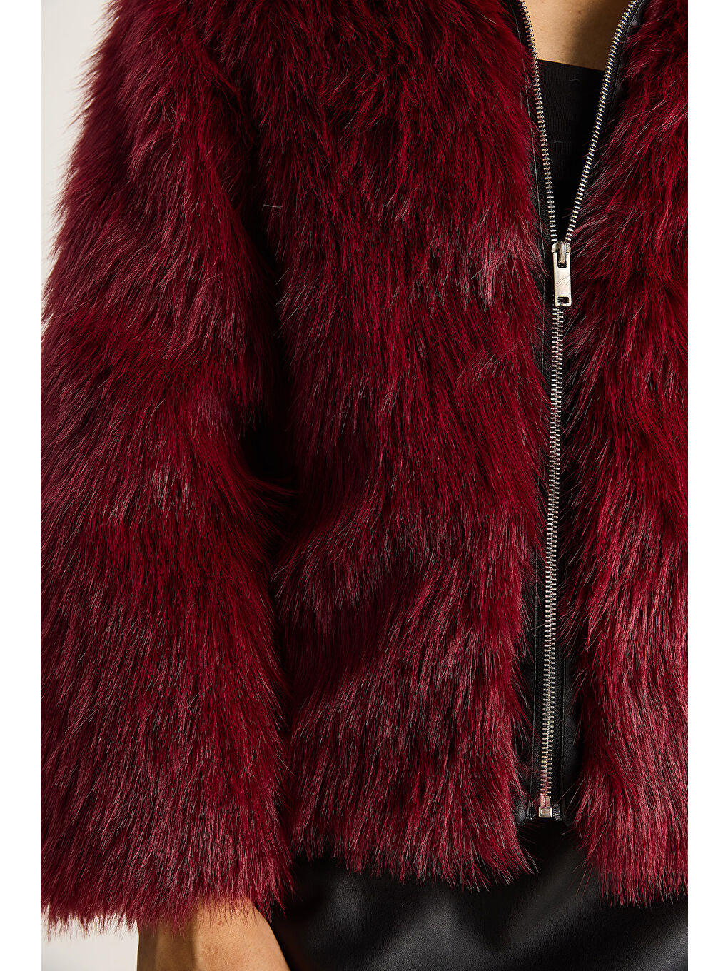 Bordo Kadın Fermuarı Deri Detaylı Astarlı Kürk Mont-6