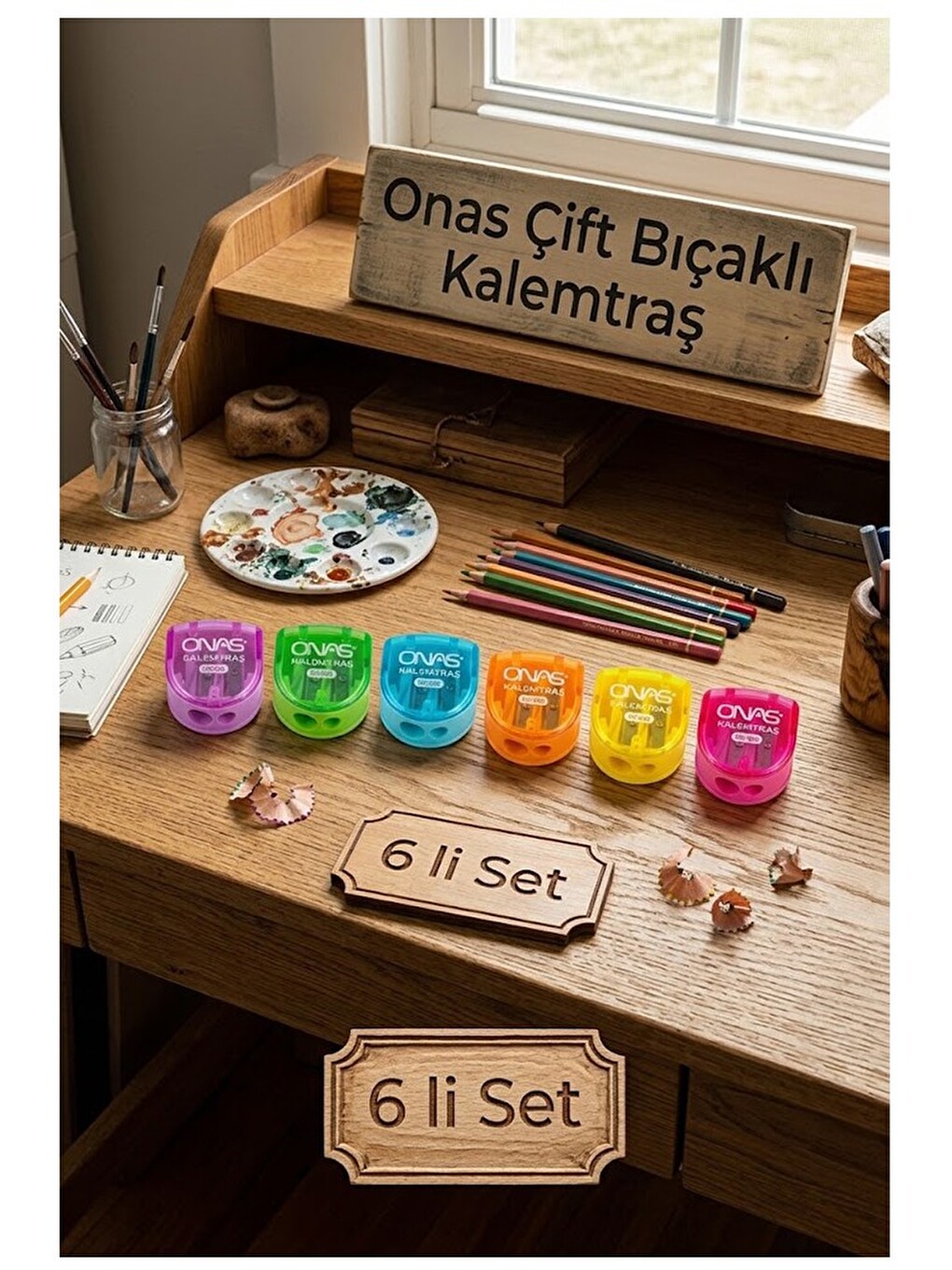 Kalemtraş 6 Adet Onas Ns-828 Hazneli Çift Bıçaklı Kalem Açacağı Plastik Kalemtıraş Kalem Traş Okul S-2