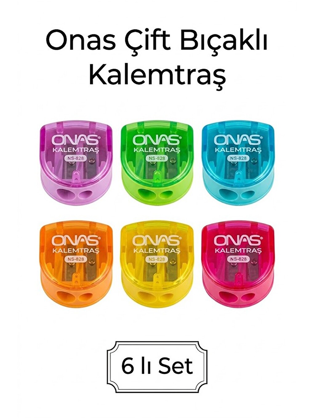 Kalemtraş 6 Adet Onas Ns-828 Hazneli Çift Bıçaklı Kalem Açacağı Plastik Kalemtıraş Kalem Traş Okul S-3