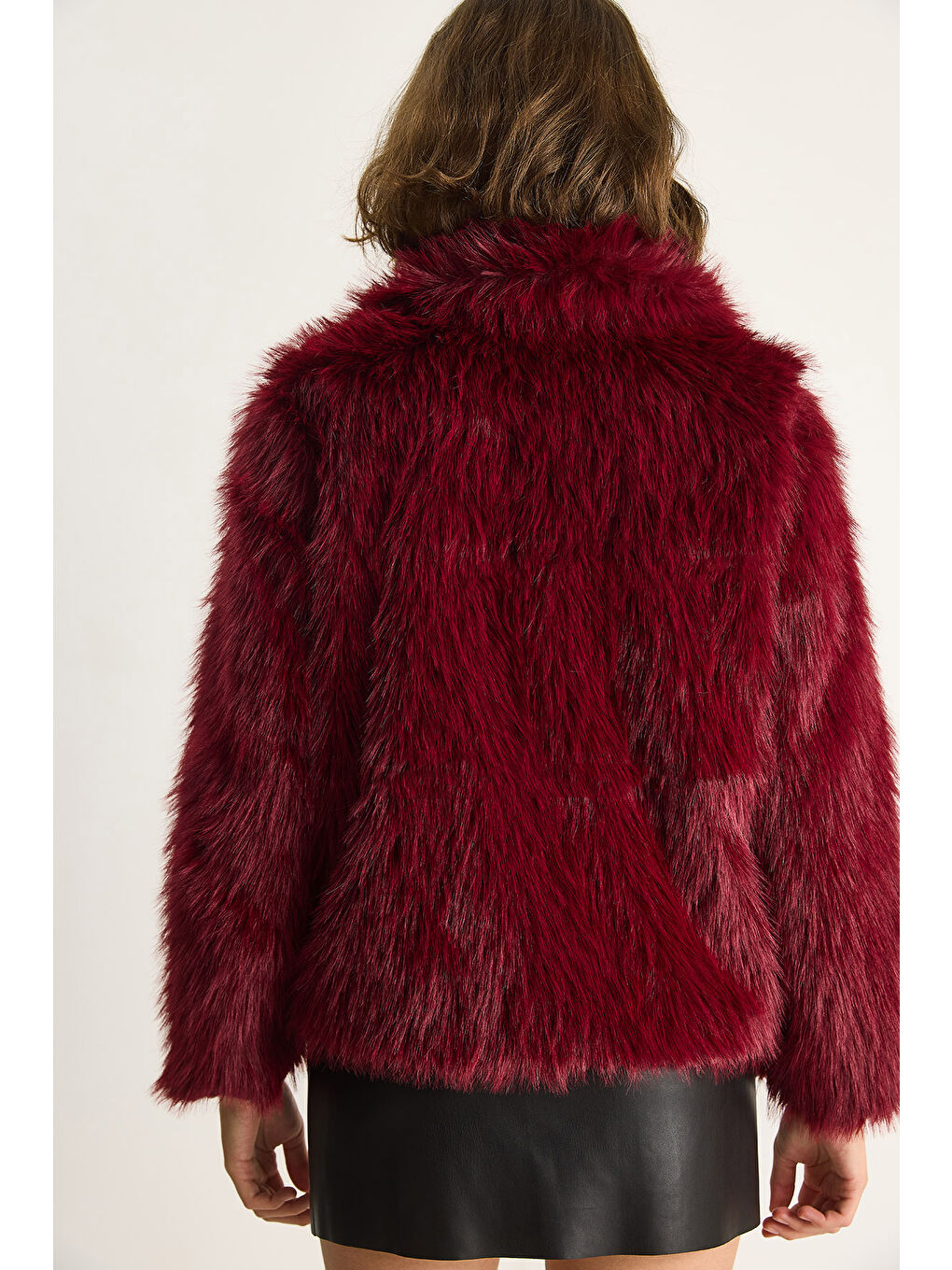 Bordo Kadın Fermuarı Deri Detaylı Astarlı Kürk Mont-7