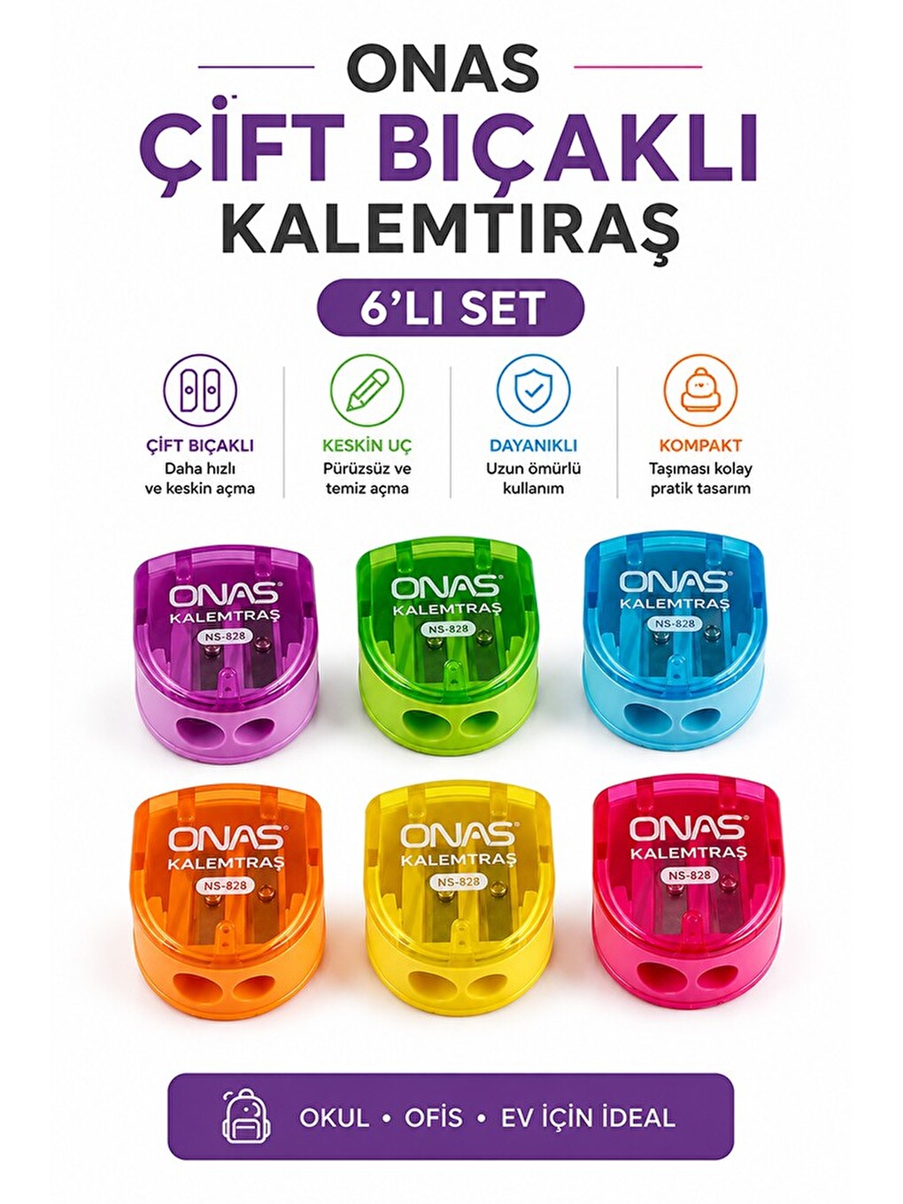 Kalemtraş 6 Adet Onas Ns-828 Hazneli Çift Bıçaklı Kalem Açacağı Plastik Kalemtıraş Kalem Traş Okul S-4
