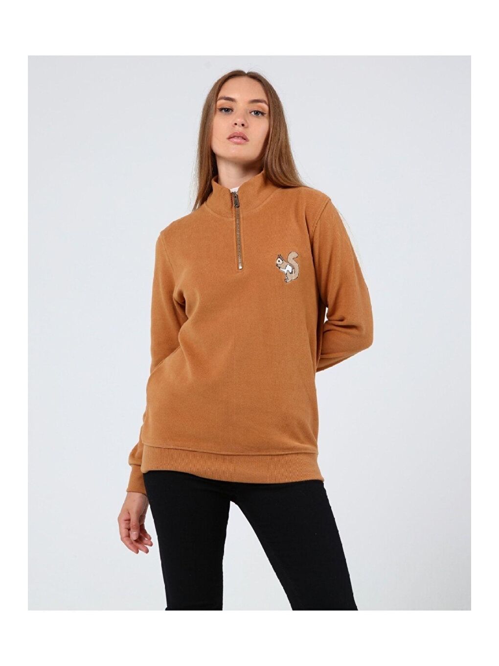 GENIUS STORE Camel Store Kadın Selanik Outdoor Yarım Fermuarlı Sweatshirt Nakış Işlemeli SİNCAP-YARIM