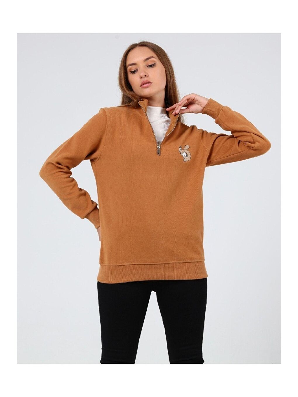 GENIUS STORE Camel Store Kadın Selanik Outdoor Yarım Fermuarlı Sweatshirt Nakış Işlemeli SİNCAP-YARIM - 1