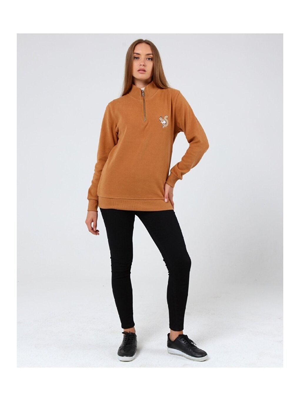 GENIUS STORE Camel Store Kadın Selanik Outdoor Yarım Fermuarlı Sweatshirt Nakış Işlemeli SİNCAP-YARIM - 3