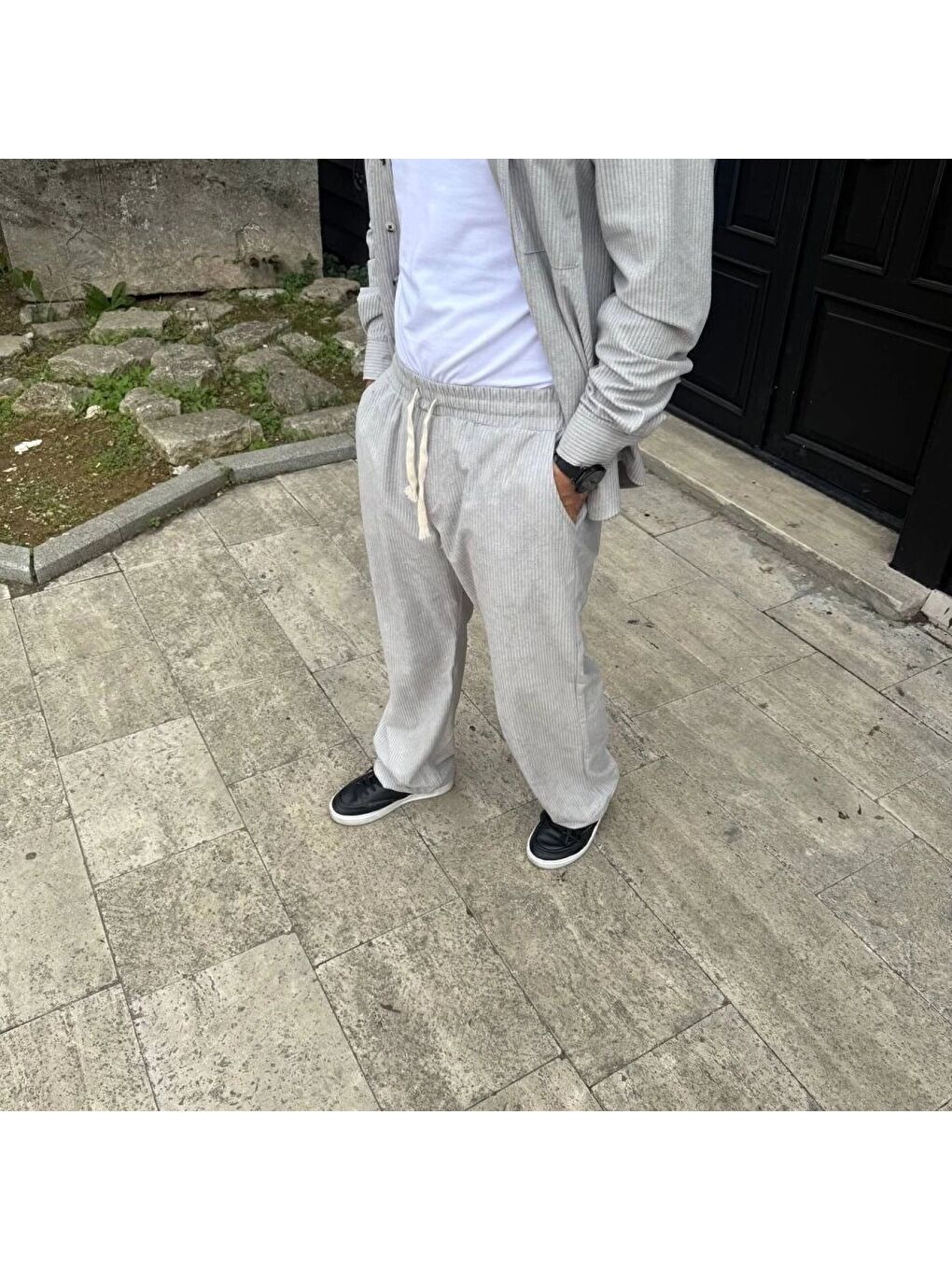 Erkek Fitilli Kadife Cepli Buggy Pantolon Oversize Rahat Kalıp - Gri-3