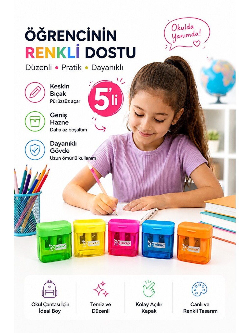 Kalemtraş 5 Adet Mikro Mk-4002 Hazneli Çift Bıçaklı Kalem Açacağı Plastik Kalemtıraş Kalem Traş Okul-1