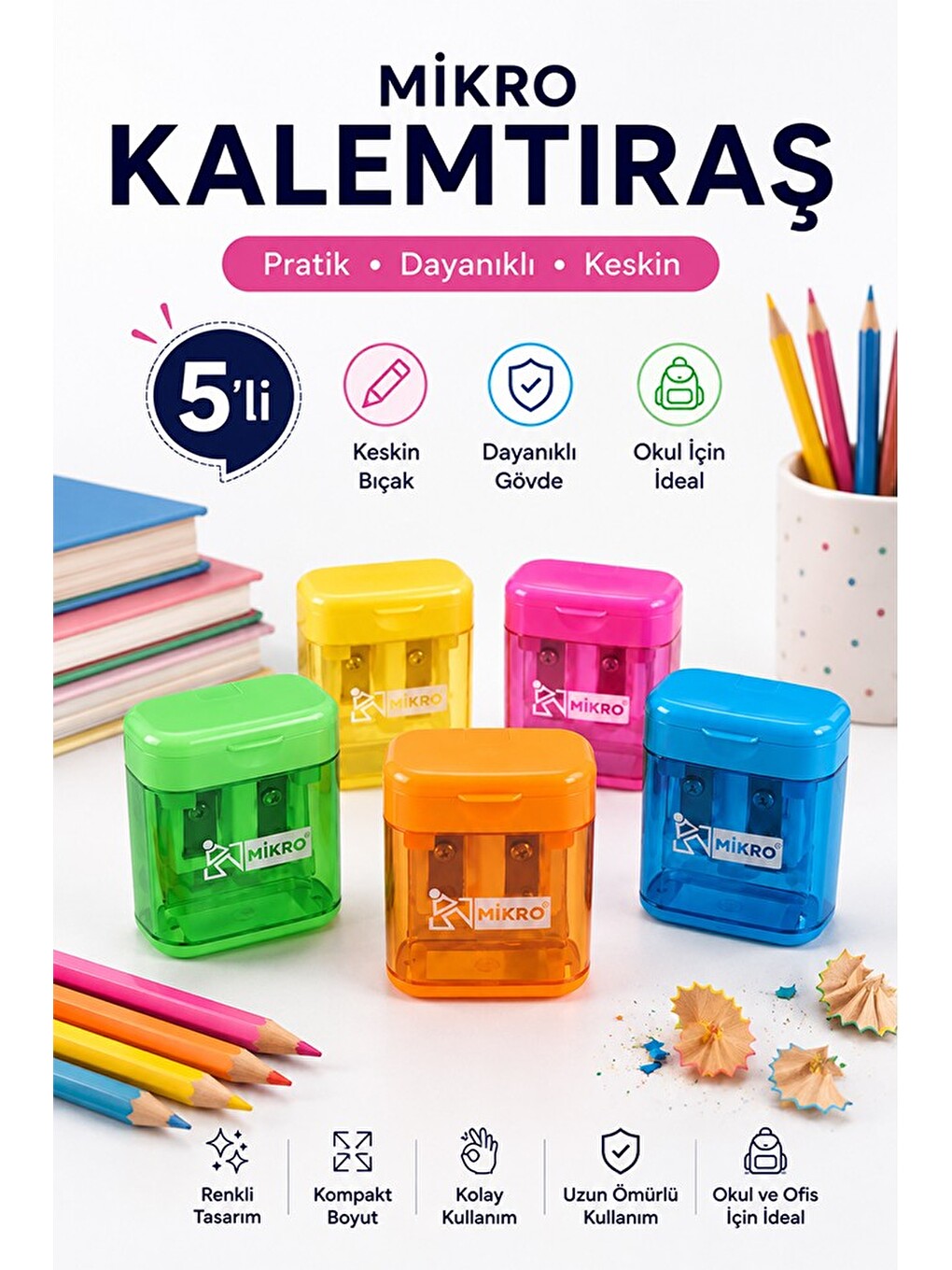 Kalemtraş 5 Adet Mikro Mk-4002 Hazneli Çift Bıçaklı Kalem Açacağı Plastik Kalemtıraş Kalem Traş Okul-3