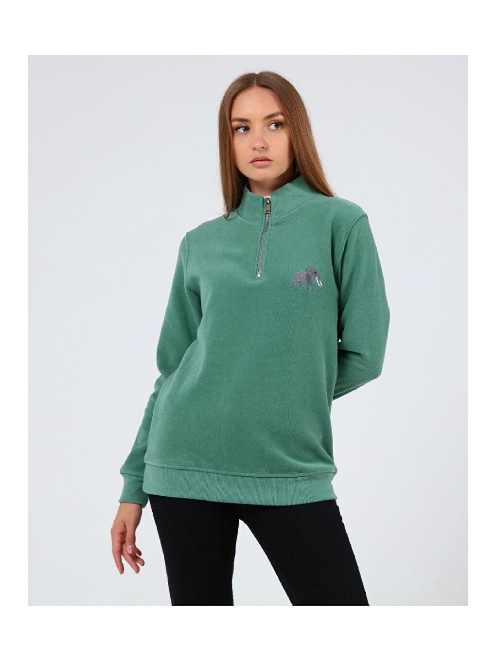 GENIUS STORE Yeşil Store Kadın Selanik Outdoor Yarım Fermuarlı Sweatshirt Nakış Işlemeli FİL-YARIM