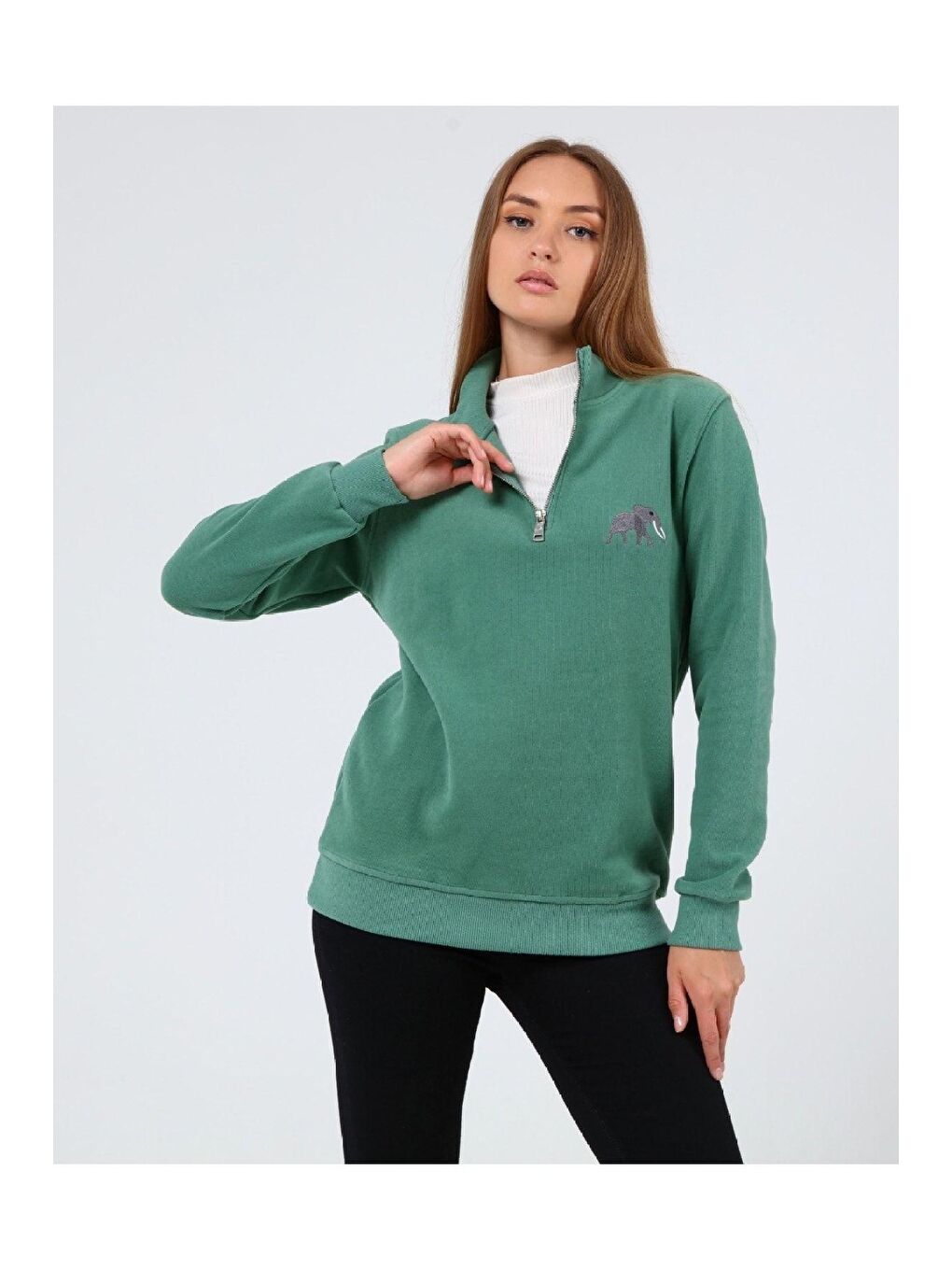 GENIUS STORE Yeşil Store Kadın Selanik Outdoor Yarım Fermuarlı Sweatshirt Nakış Işlemeli FİL-YARIM - 1