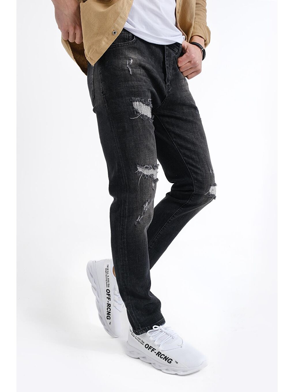 Gri Jethro Slim Fit Elastanlı Yıpratmalı Yamalı Erkek Jean Pantolon-1