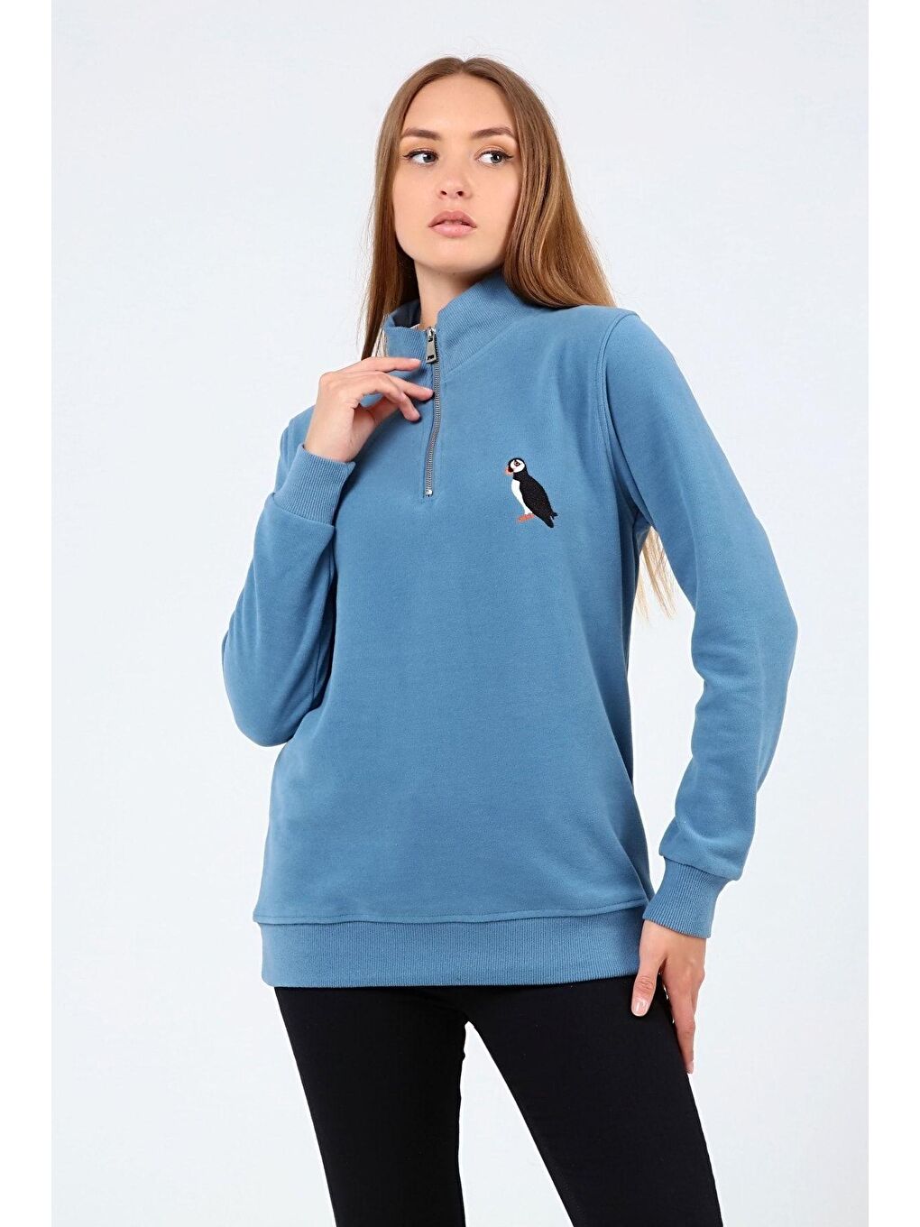 GENIUS STORE Açık Mavi Store Kadın Selanik Outdoor Yarım Fermuarlı Sweatshirt Nakış Işlemeli PUFFİN-YARIM - 1