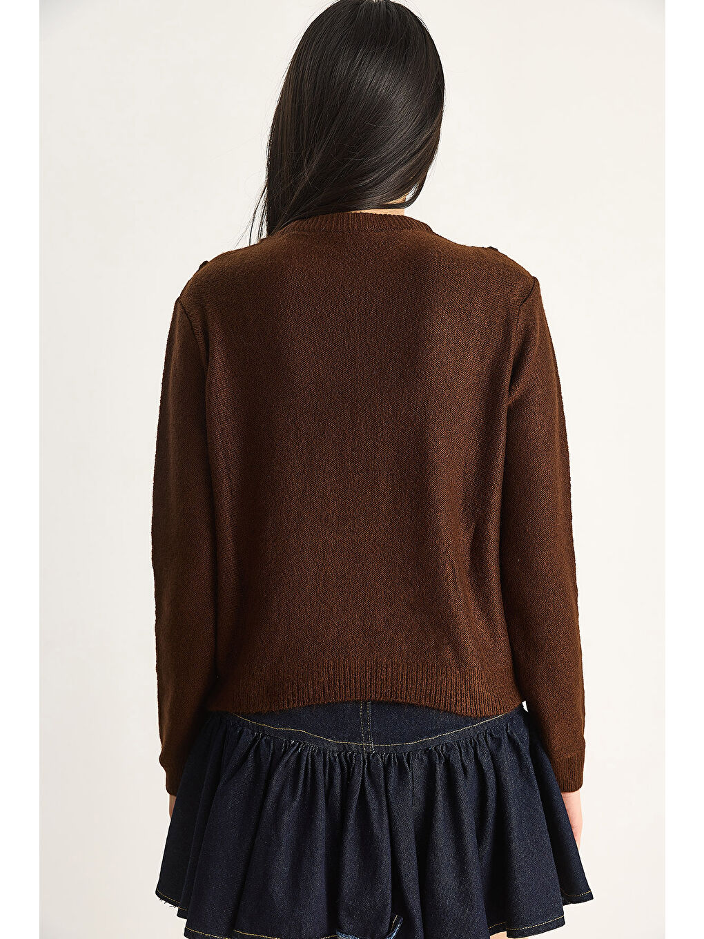 Kahverengi Kadın Bisiklet Yaka Fırfırlı Yumoş Triko Kazak-5