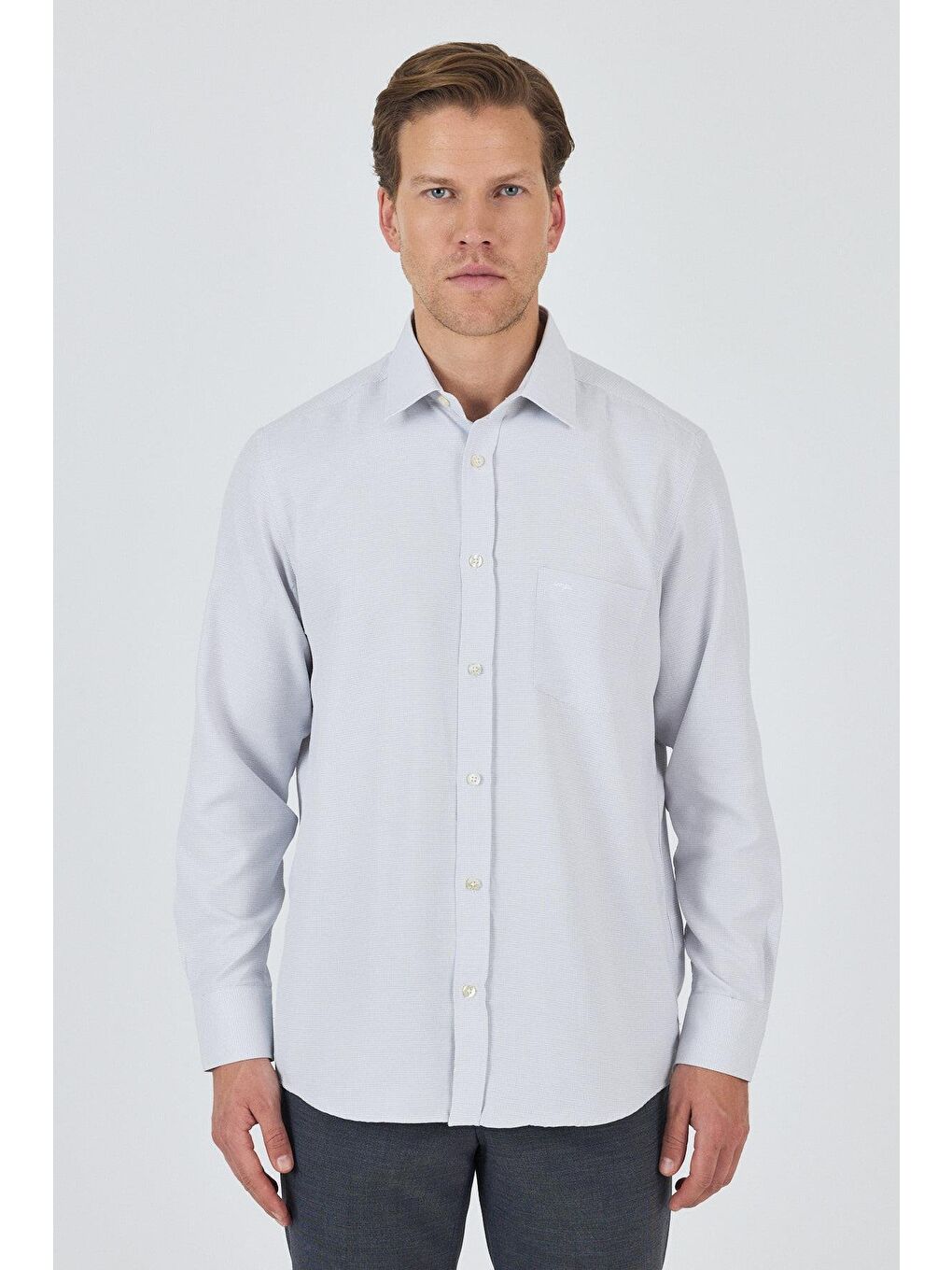 Gri Uzun Kol Desenli Armürlü Sert Yaka Cepli Pamuklu Classic Comfort Fit Gömlek 1004250174