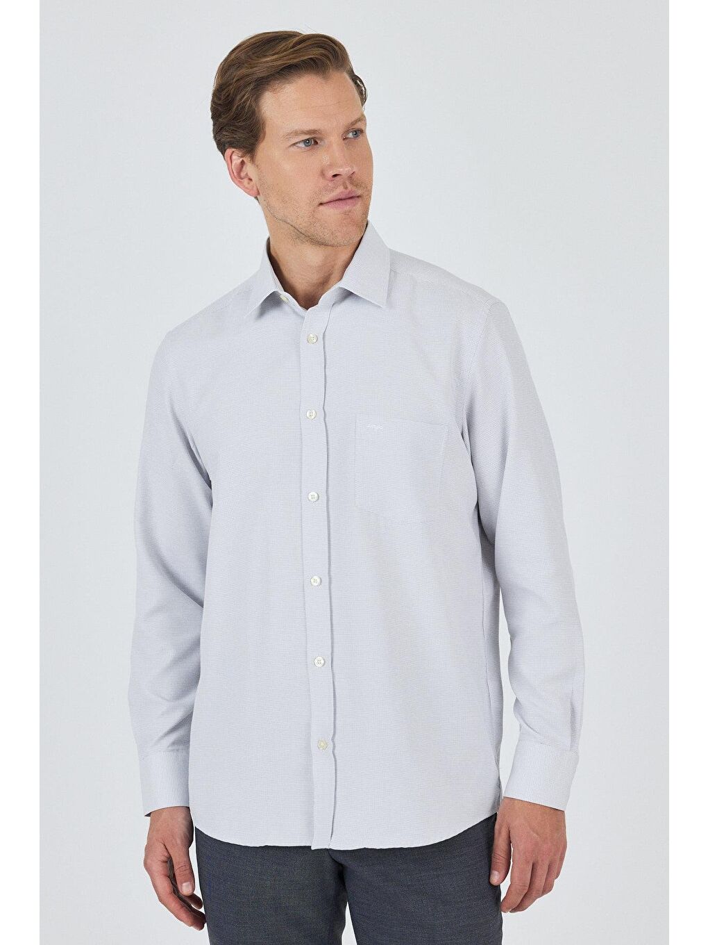 Gri Uzun Kol Desenli Armürlü Sert Yaka Cepli Pamuklu Classic Comfort Fit Gömlek 1004250174-1