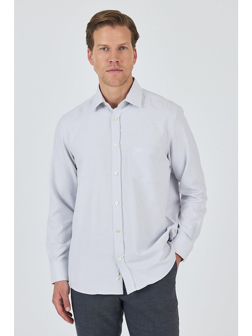 Gri Uzun Kol Desenli Armürlü Sert Yaka Cepli Pamuklu Classic Comfort Fit Gömlek 1004250174-2
